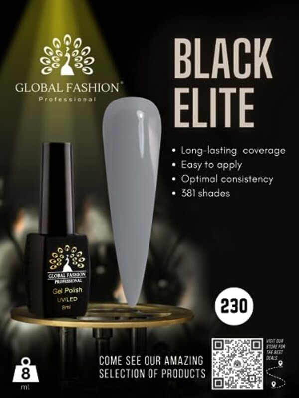 Global Fashion Professional Black Elite Gel Nail Polish, 8ml, 230, Grey