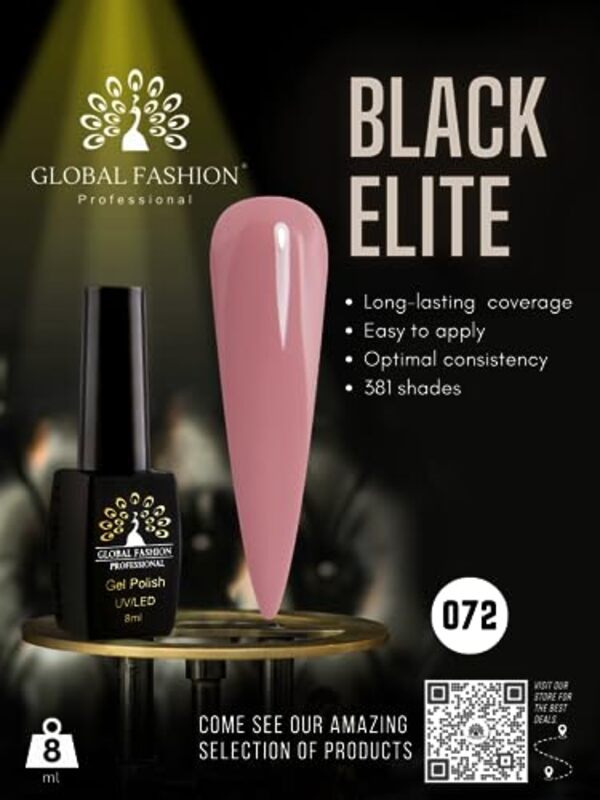 Global Fashion Professional Black Elite Gel Nail Polish, 8ml, 072, Pink