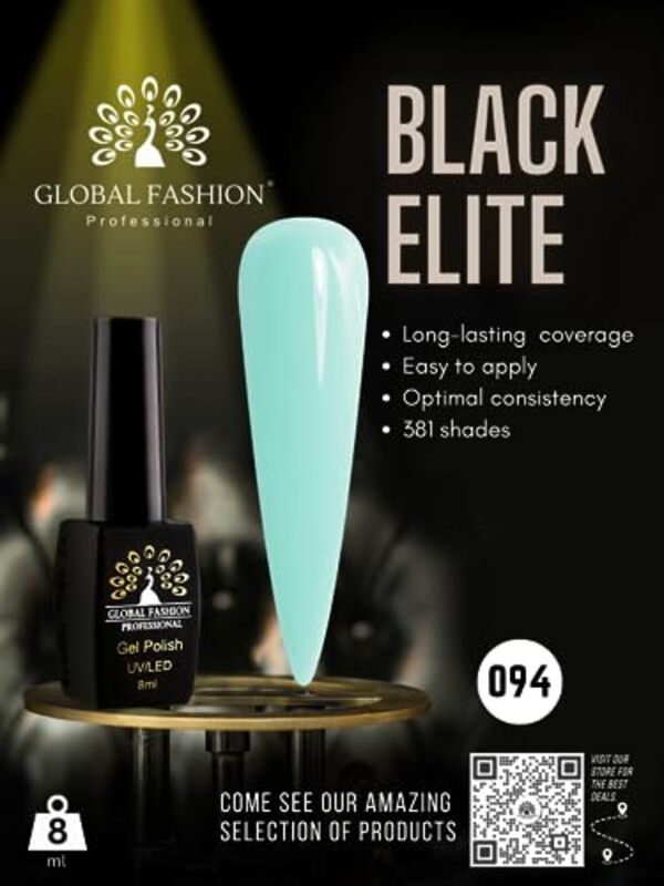 Global Fashion Professional Black Elite Gel Nail Polish, 8ml, 094, Green