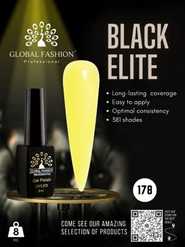 Global Fashion Professional Black Elite Gel Nail Polish, 8ml, 178, Yellow