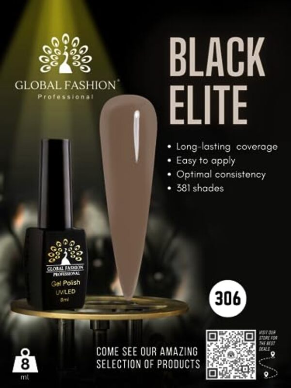 Global Fashion Professional Black Elite Gel Nail Polish, 381 Colors of Long-Lasting Elegance, 8ml, 306, Brown