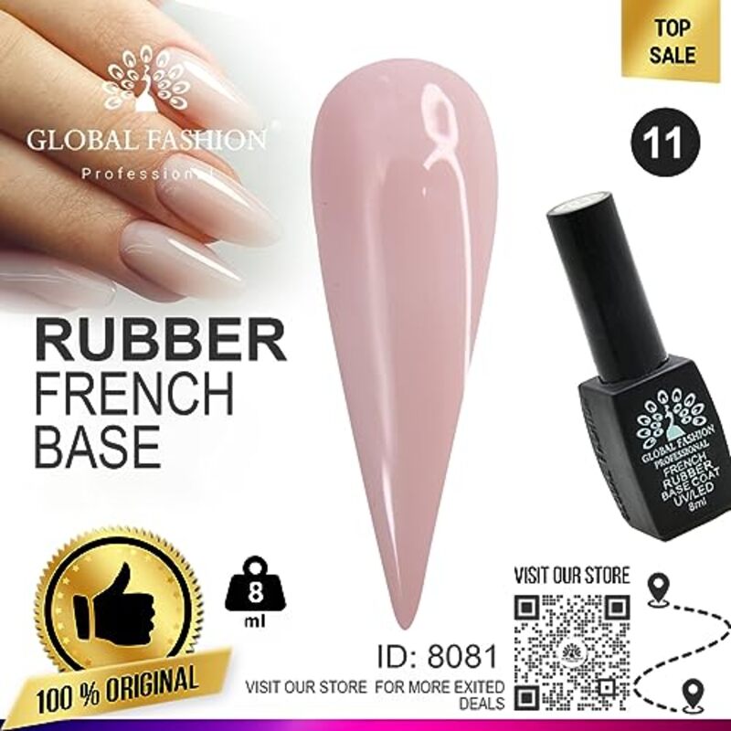 Global Fashion Professional French Rubber Base Coat UV/LED Nail Polish, Long-Lasting & Chip-Resistant, 8ml, 11, Pink