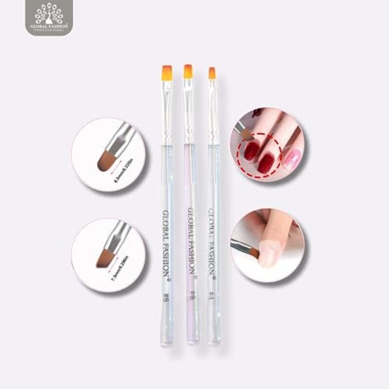 Global Fashion Professional Flat Nail Art Brush Set, 3 Pieces, Clear