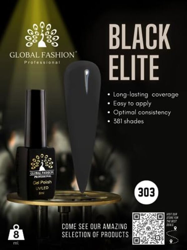 Global Fashion Professional Black Elite Gel Nail Polish, 381 Colors of Long-Lasting Elegance, 8ml, 303, Black