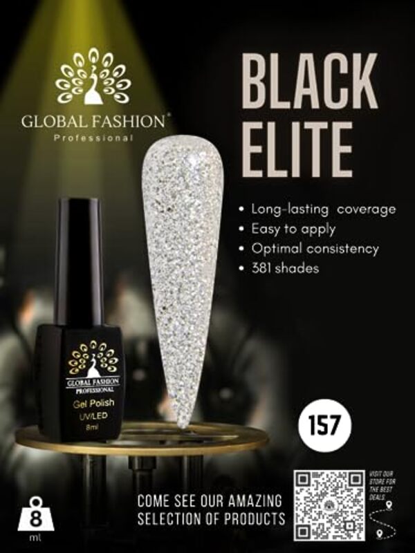 Global Fashion Professional Black Elite Gel Nail Polish, 8ml, 157, Silver