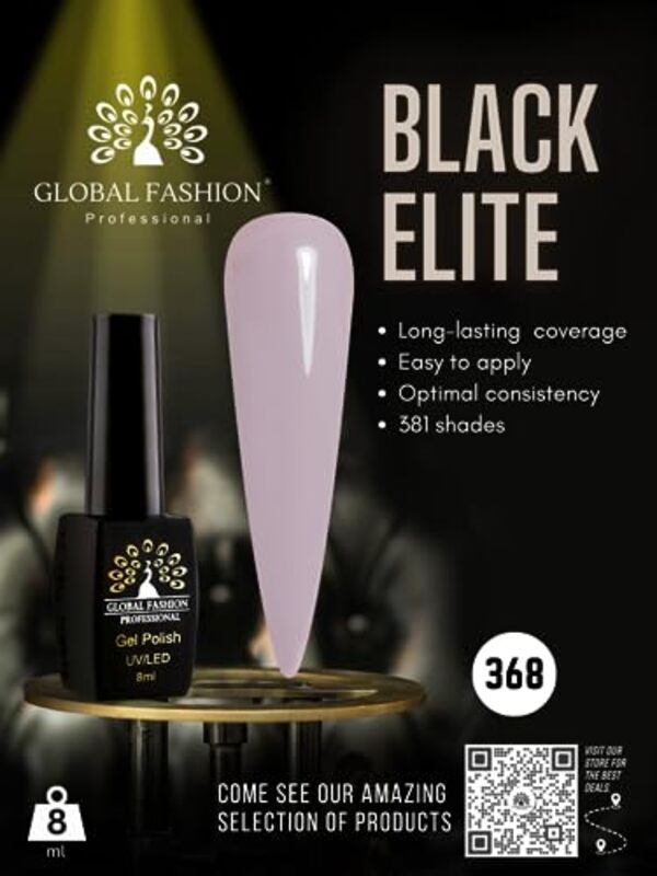 Global Fashion Professional Black Elite Gel Nail Polish, 381 Colors of Long-Lasting Elegance, 8ml, 368, Grey