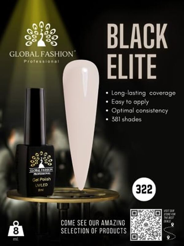 Global Fashion Professional Black Elite Gel Nail Polish, 381 Colors of Long-Lasting Elegance, 8ml, 322, White