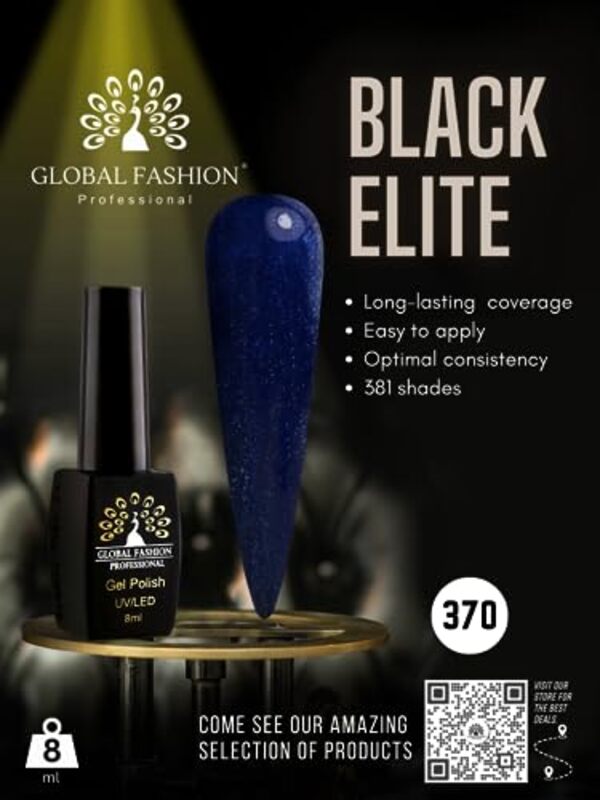 Global Fashion Professional Black Elite Gel Polish, 8ml, 370, Blue