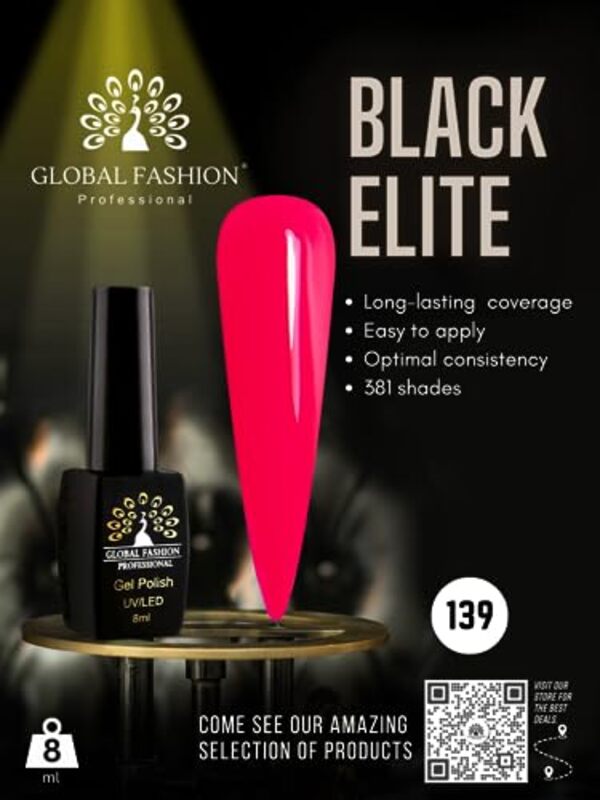 Global Fashion Professional Black Elite Gel Nail Polish, 8ml, 139, Pink