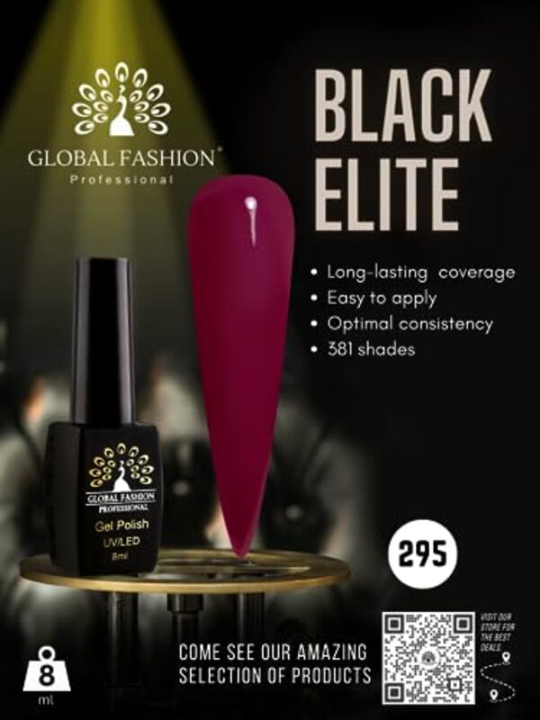 Global Fashion Professional Black Elite Gel Nail Polish, 381 Colors of Long-Lasting Elegance, 8ml, 295, Purple