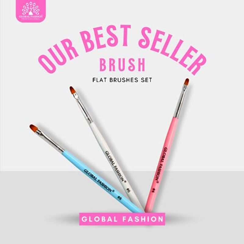 Global Fashion Professional Oval Nail Art Brush Kit, 3 Pieces, Blue/White/Pink