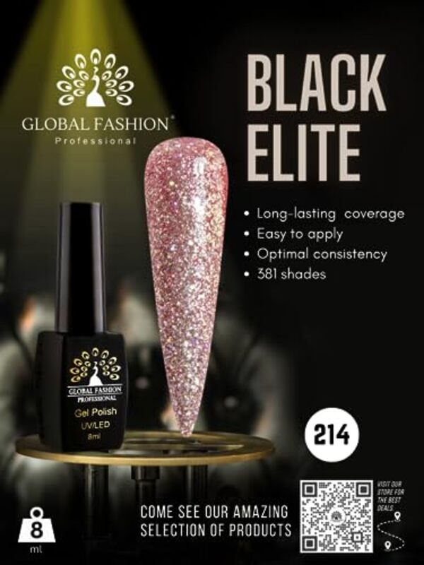 Global Fashion Professional Black Elite Gel Nail Polish, 8ml, 214, Pink