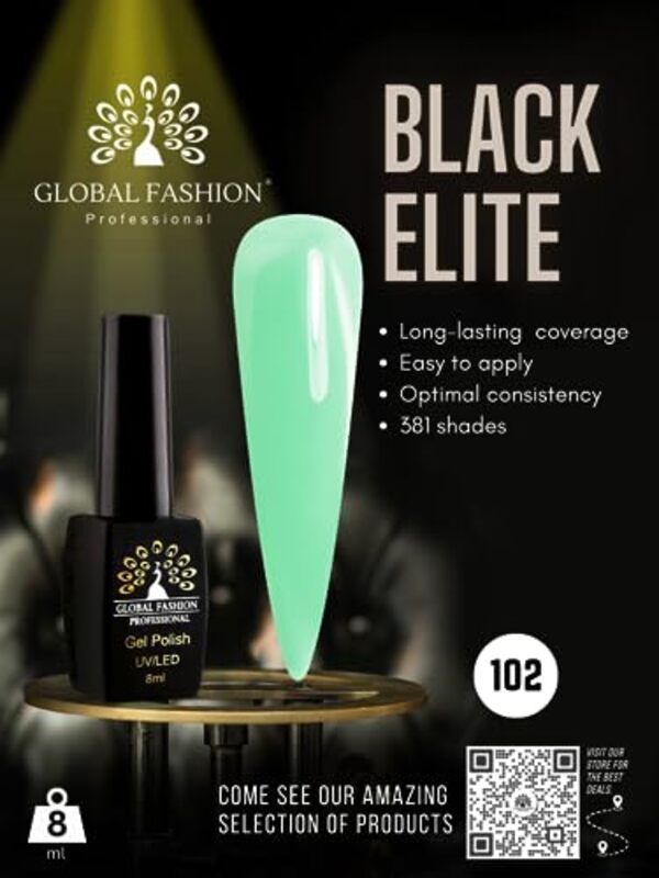 Global Fashion Professional Black Elite Gel Nail Polish, 8ml, 102, Green