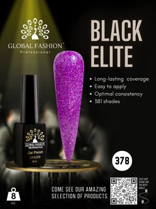 Global Fashion Professional Black Elite Gel Polish, 8ml, 378, Purple