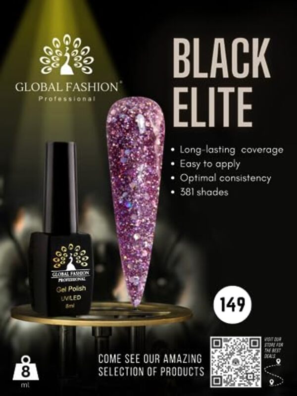 Global Fashion Professional Black Elite Gel Nail Polish, 8ml, 149, Purple