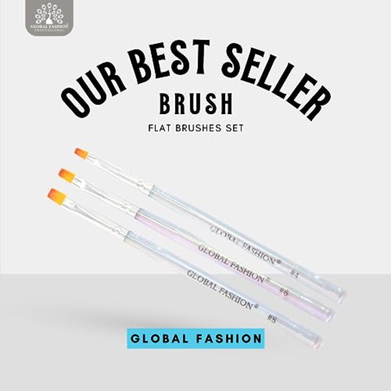 Global Fashion Professional Flat Nail Art Brush Set, 3 Pieces, Clear