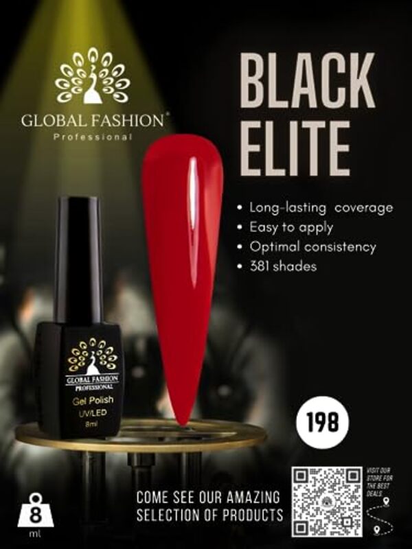 Global Fashion Professional Black Elite Gel Nail Polish, 8ml, 198, Red