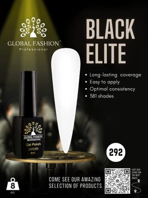 Global Fashion Professional Black Elite Gel Nail Polish, 381 Colors of Long-Lasting Elegance, 8ml, 292, White