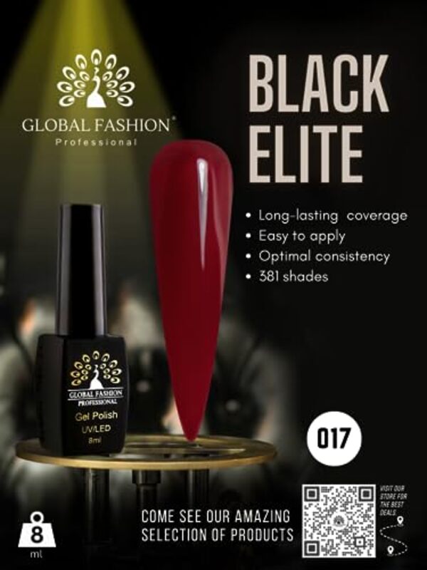 Global Fashion Professional Black Elite Gel Nail Polish, 8ml, 017, Red