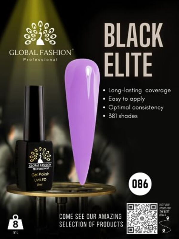 Global Fashion Professional Black Elite Gel Nail Polish, 8ml, 086, Purple