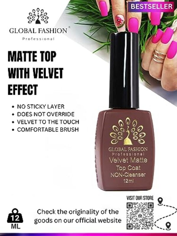 Global Fashion Professional Velvet Matte Finish Non-Cleaner & Long-Lasting Top Coat Ideal for Gel Polish, 12ml, Pink