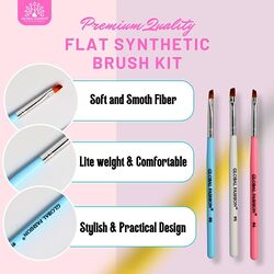Global Fashion Professional Flat Synthetic Nail Art Brush Kit, 3 Pieces, Multicolour