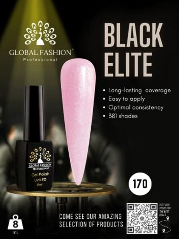 Global Fashion Professional Black Elite Gel Nail Polish, 381 Colors of Long-Lasting Elegance, 8ml, 170, Pink