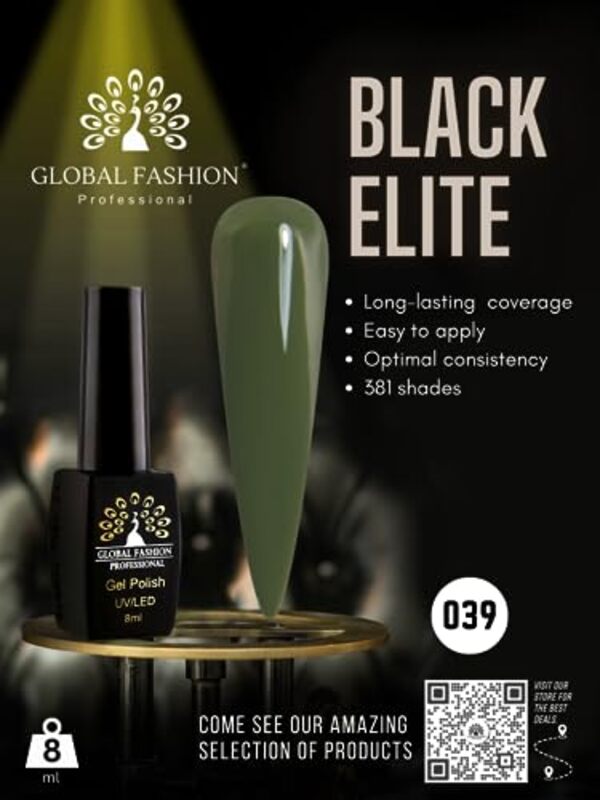 Global Fashion Professional Black Elite Gel Nail Polish, 8ml, 039, Green