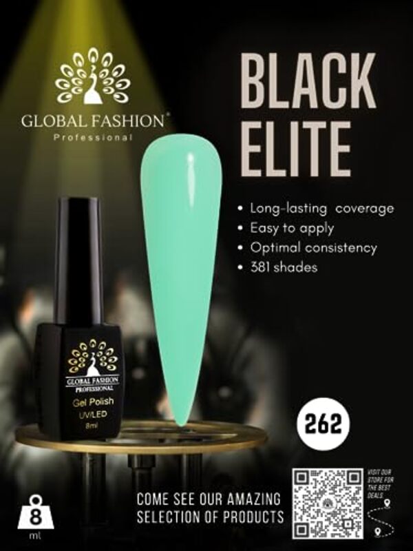 Global Fashion Professional Black Elite Gel Nail Polish, 381 Colors of Long-Lasting Elegance, 8ml, 262, Green