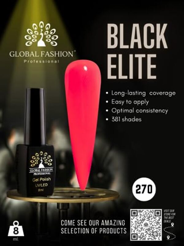 Global Fashion Professional Black Elite Gel Nail Polish, 381 Colors of Long-Lasting Elegance, 8ml, 270, Red