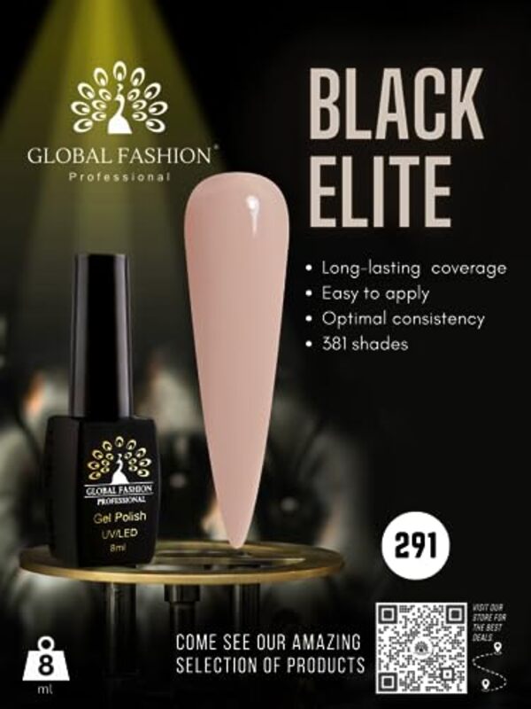 Global Fashion Professional Black Elite Gel Nail Polish, 381 Colors of Long-Lasting Elegance, 8ml, 291, Pink