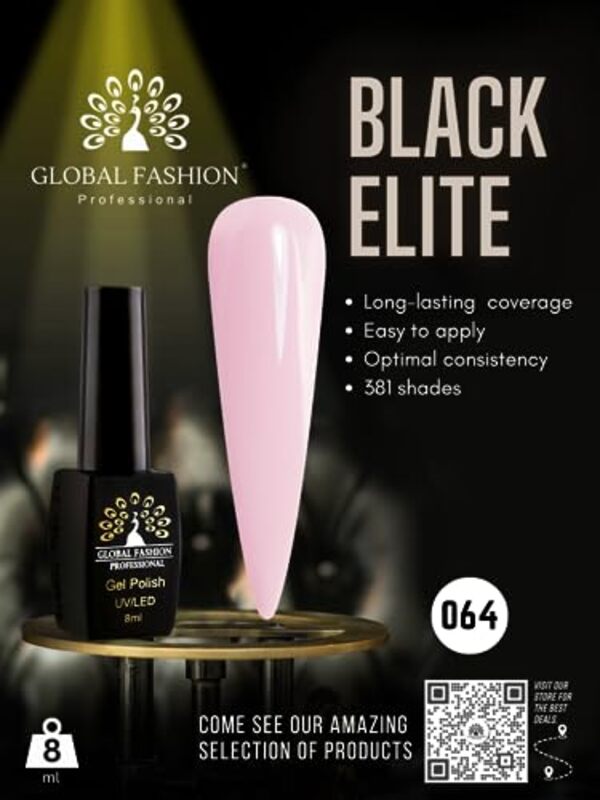 Global Fashion Professional Black Elite Gel Nail Polish, 8ml, 064, Pink