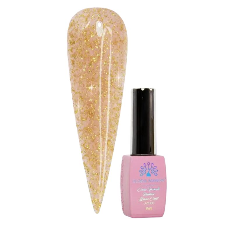 Global Fashion Professional Non-Toxic Flakes Base Coat Nail Polish, Long-Lasting Vegan Cruelty-Free, 8ml, 01, Gold