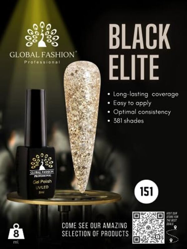 Global Fashion Professional Black Elite Gel Nail Polish, 8ml, 151, Gold