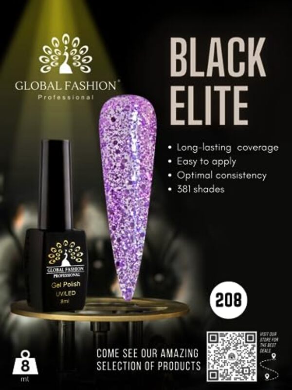 Global Fashion Professional Black Elite Gel Nail Polish, 8ml, 208, Purple