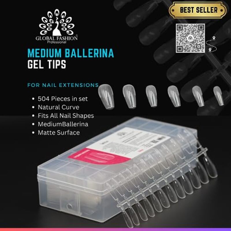 Global Fashion Professional Multi-Shape Gel Tips, 504 Pieces, M-Ballerina, Clear