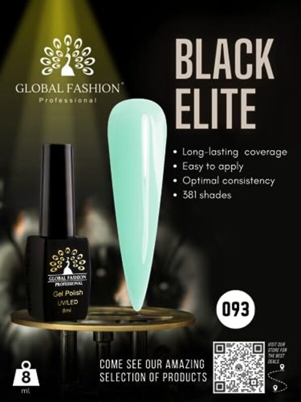 Global Fashion Professional Black Elite Gel Nail Polish, 8ml, 093, Green