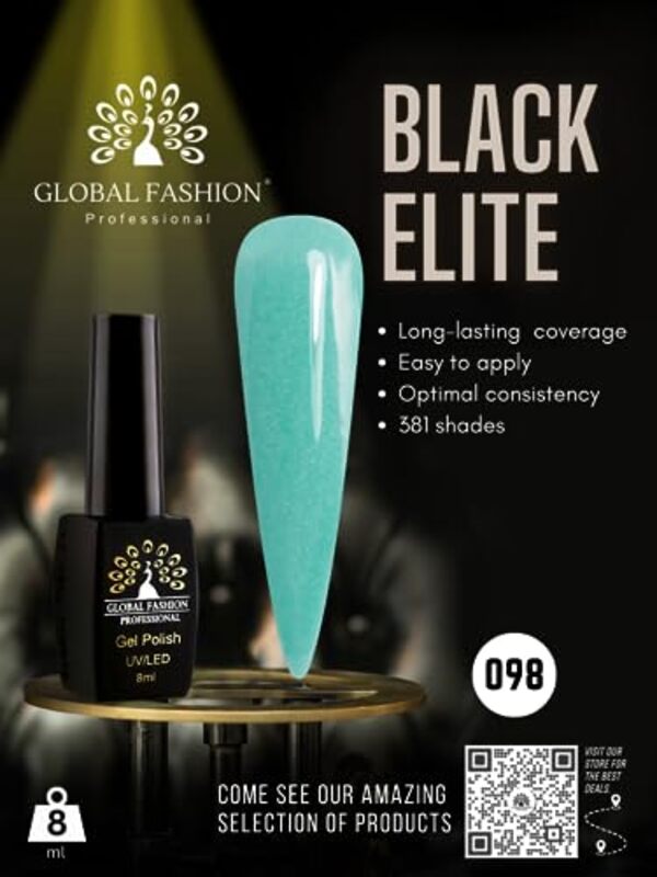 Global Fashion Professional Black Elite Gel Nail Polish, 8ml, 098, Green