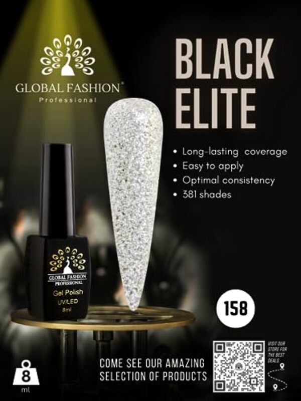 Global Fashion Professional Black Elite Gel Nail Polish, 8ml, 158, Silver