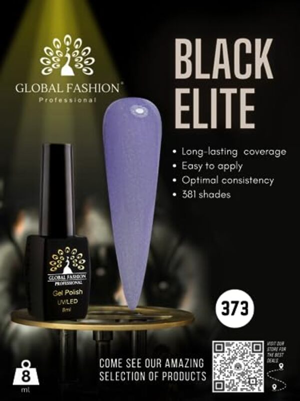 Global Fashion Professional Black Elite Gel Polish, 8ml, 373, Purple