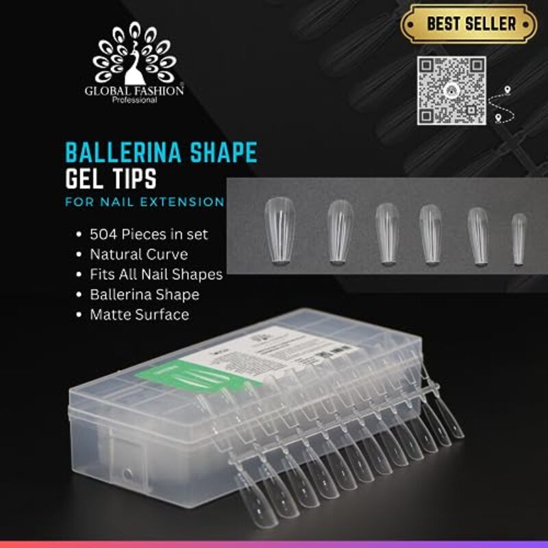 Global Fashion Professional Multi-Shape Gel Tips, 504 Pieces, Ballerina, Clear