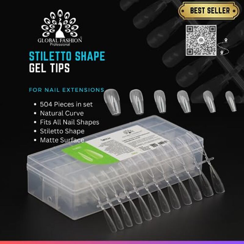 Global Fashion Professional Multi-Shape Gel Tips, 504 Pieces, Stiletto, Clear