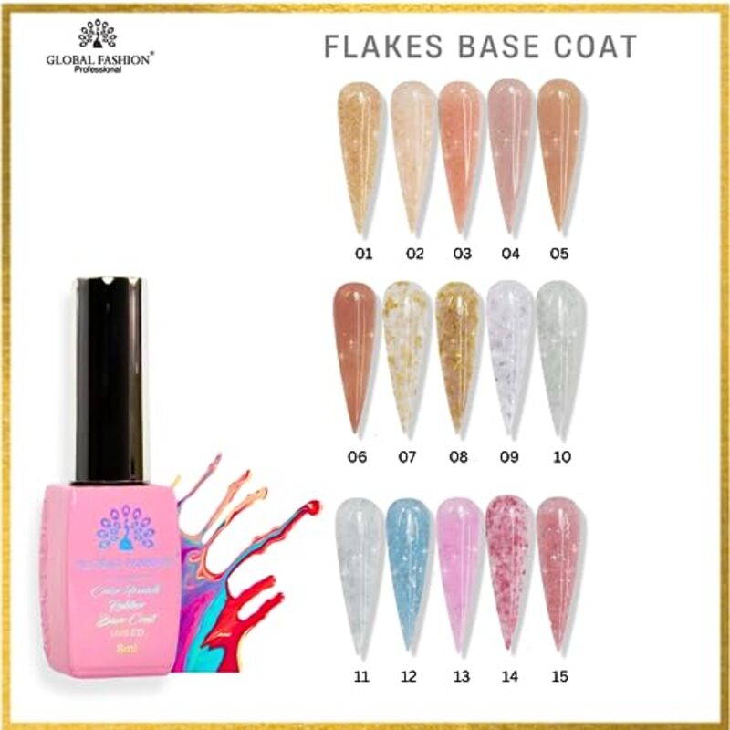 Global Fashion Professional Non-Toxic Flakes Base Coat Nail Polish, Long-Lasting Vegan Cruelty-Free, 8ml, 03, Pink