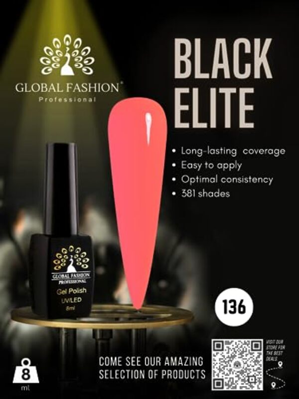 Global Fashion Professional Black Elite Gel Nail Polish, 8ml, 136, Pink