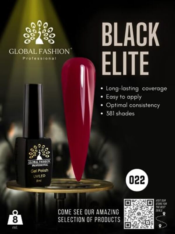 Global Fashion Professional Black Elite Gel Nail Polish, 8ml, 022, Red