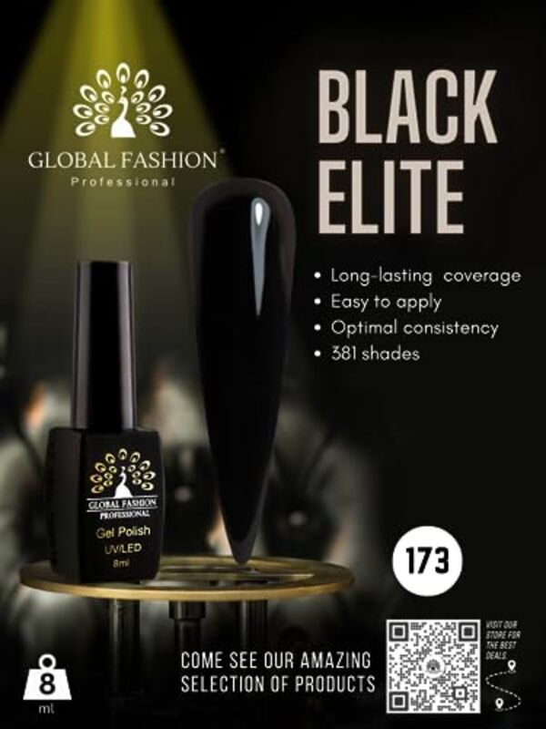 Global Fashion Professional Black Elite Gel Nail Polish, 381 Colors of Long-Lasting Elegance, 8ml, 173, Black