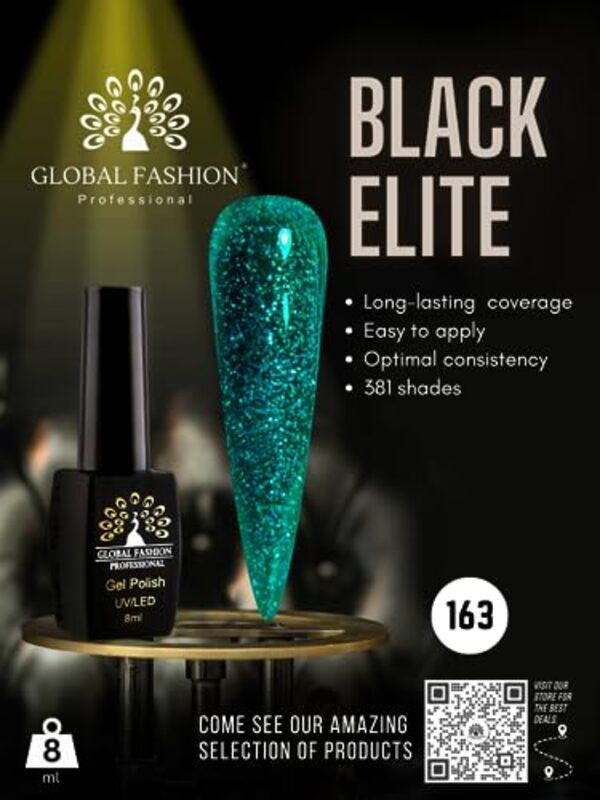 Global Fashion Professional Black Elite Gel Nail Polish, 8ml, 163, Green