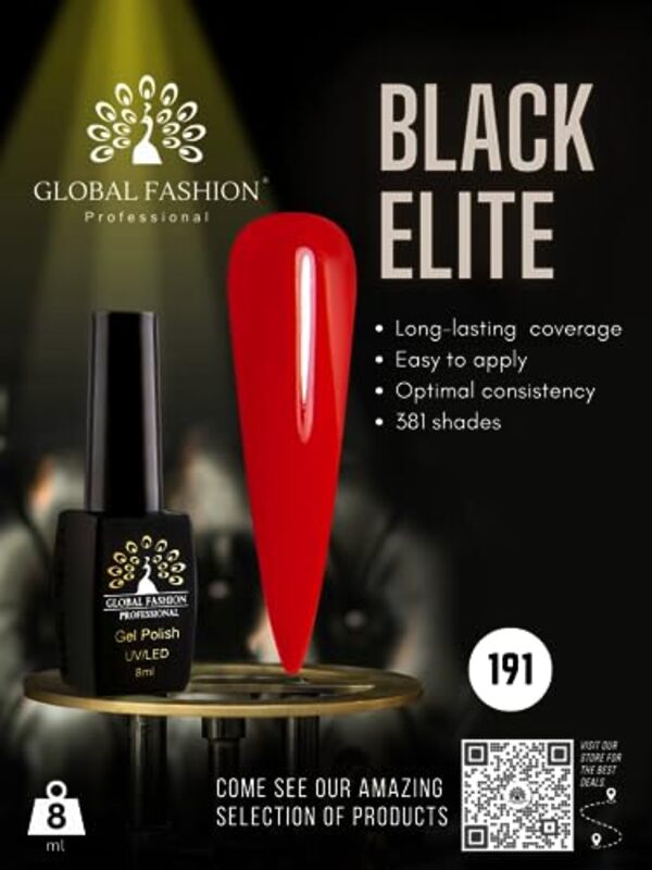 Global Fashion Professional Black Elite Gel Nail Polish, 381 Colors of Long-Lasting Elegance, 8ml, 191, Red