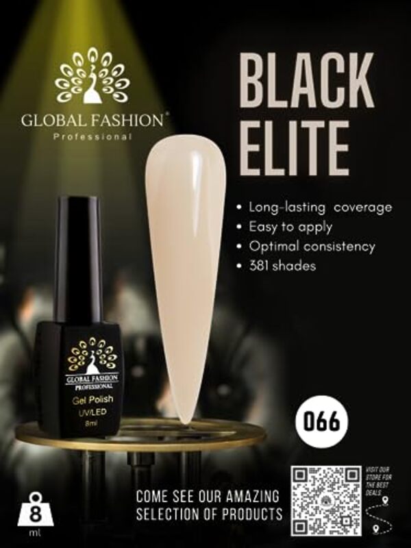 Global Fashion Professional Black Elite Gel Nail Polish, 8ml, 066, Ivory