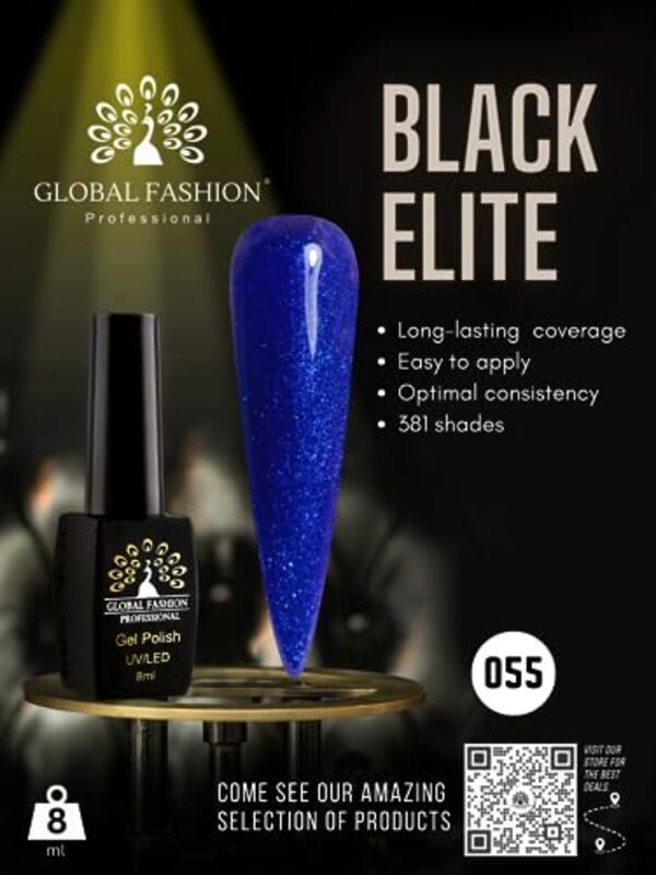 Global Fashion Professional Black Elite Gel Nail Polish, 8ml, 055, Blue